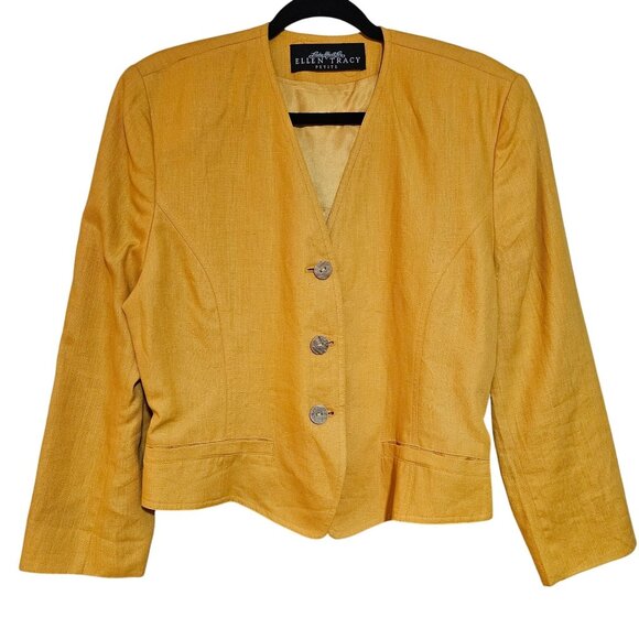 Easter Linen Yellow Blazer Jacket Ellen Tracy Petite Womens Long Sleeves Fully L - Picture 1 of 15